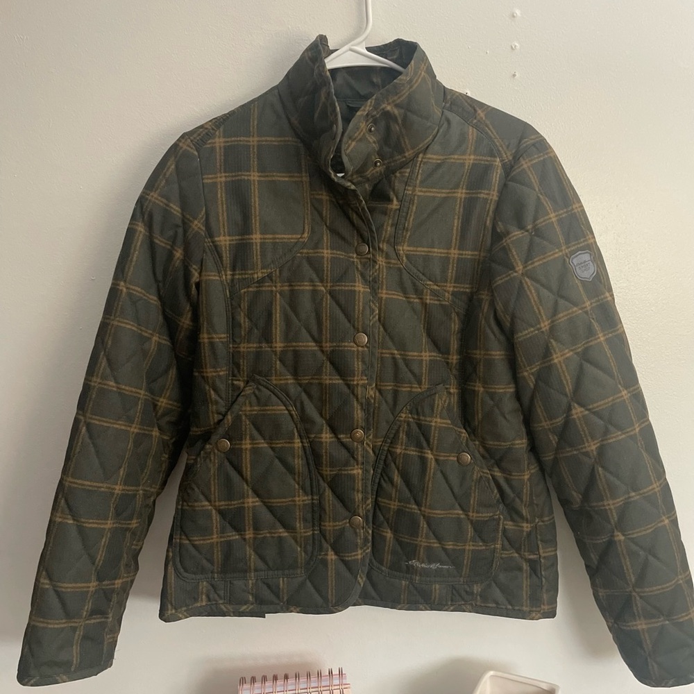 Eddie Bauer Quilted Plaid Puffer Jacket in Olive and Brown